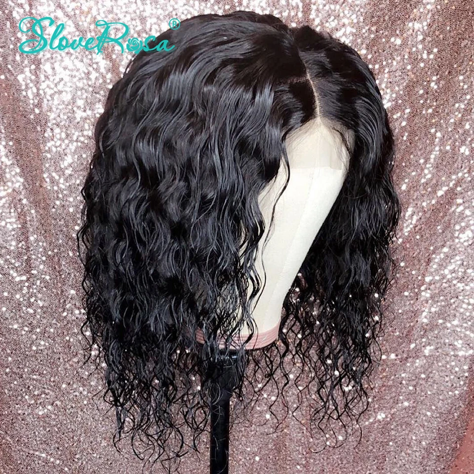 130% Плотность 13x4 боковая часть кудрявые кружева передние человеческие волосы парики для чернокожих Для женщин короткий Боб перуанские Волосы remy предварительно вырезанные SloveRosa