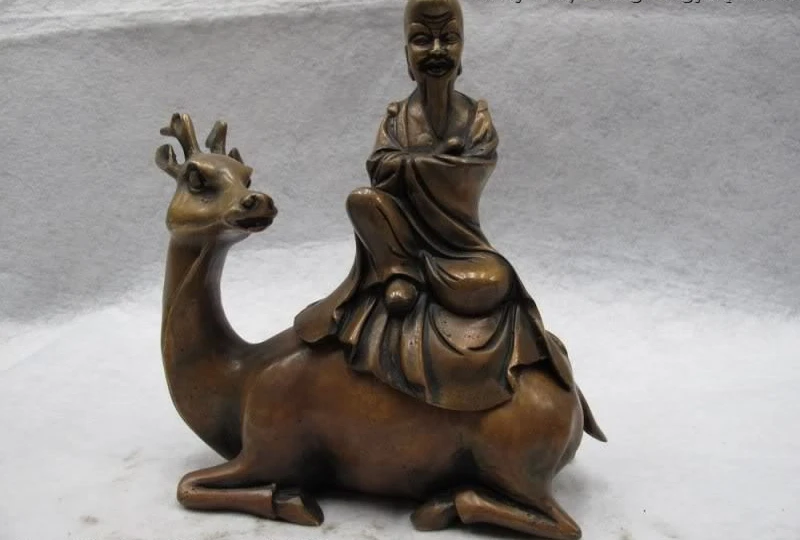 

Chinese Folk classical Copper Bronze fable Immortal God Sit spotted deer Statue