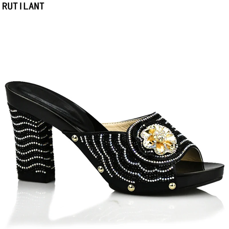 New Arrival Black Color Italian Ladies Rhinestone Women Shoes Nigerian