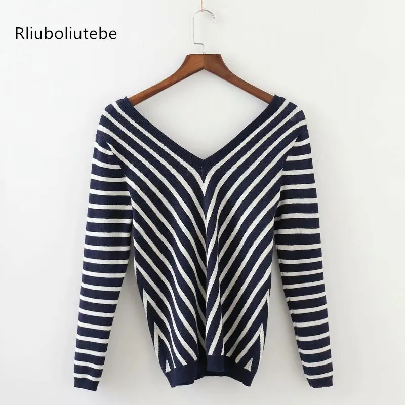 

Autumn New Striped Knitted Sweater Women Sexy V Neck Long Sleeves Casual Knitted Pullover Jumper Mujer Winter Sweater
