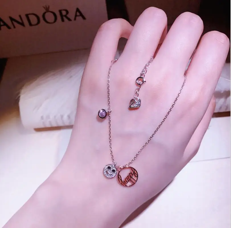 

2019 New S925 Sterling Silver Happy Smiley Pendant Necklace Micro Micro-studded Zircon Clavicle Female Jewelry Girl gift