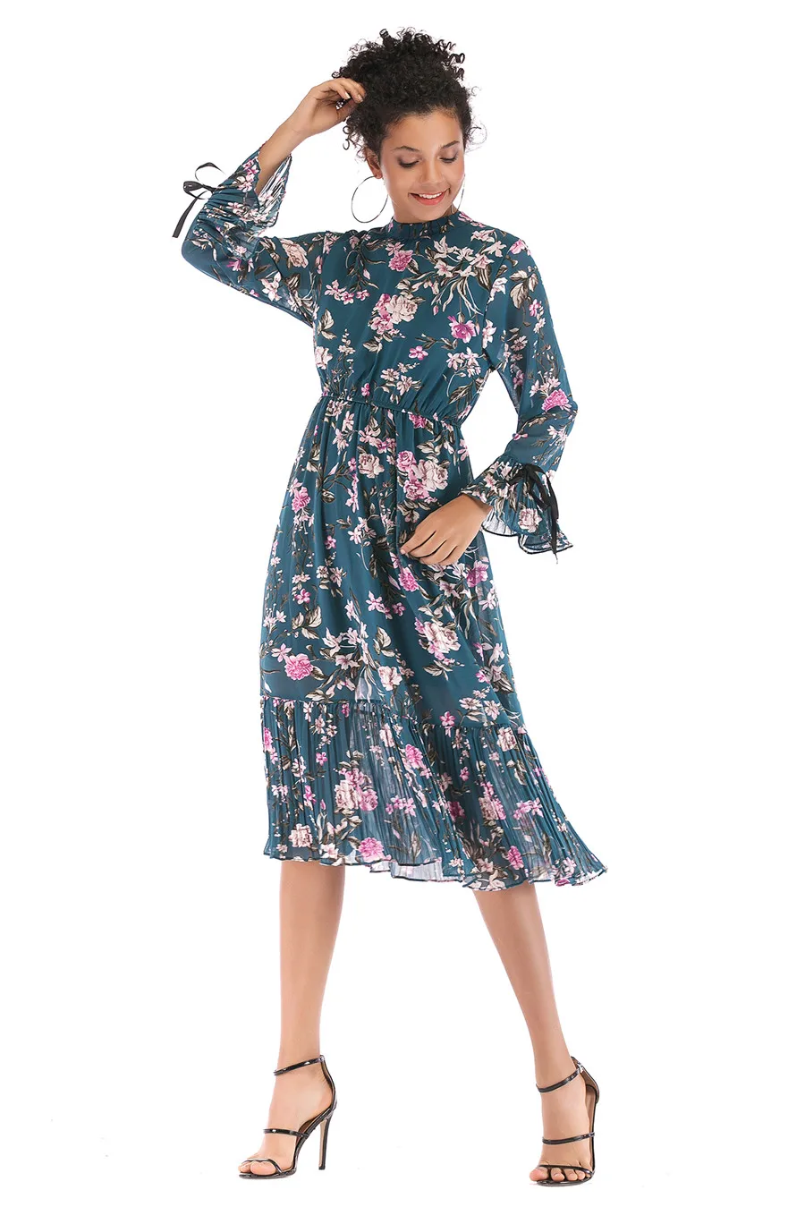Gladiolus Floral Print Spring Autumn Women Dress 2019 O-Neck Lace Up Flare Sleeve Tunic Chiffon Dress Women Midi Party Dresses (17)