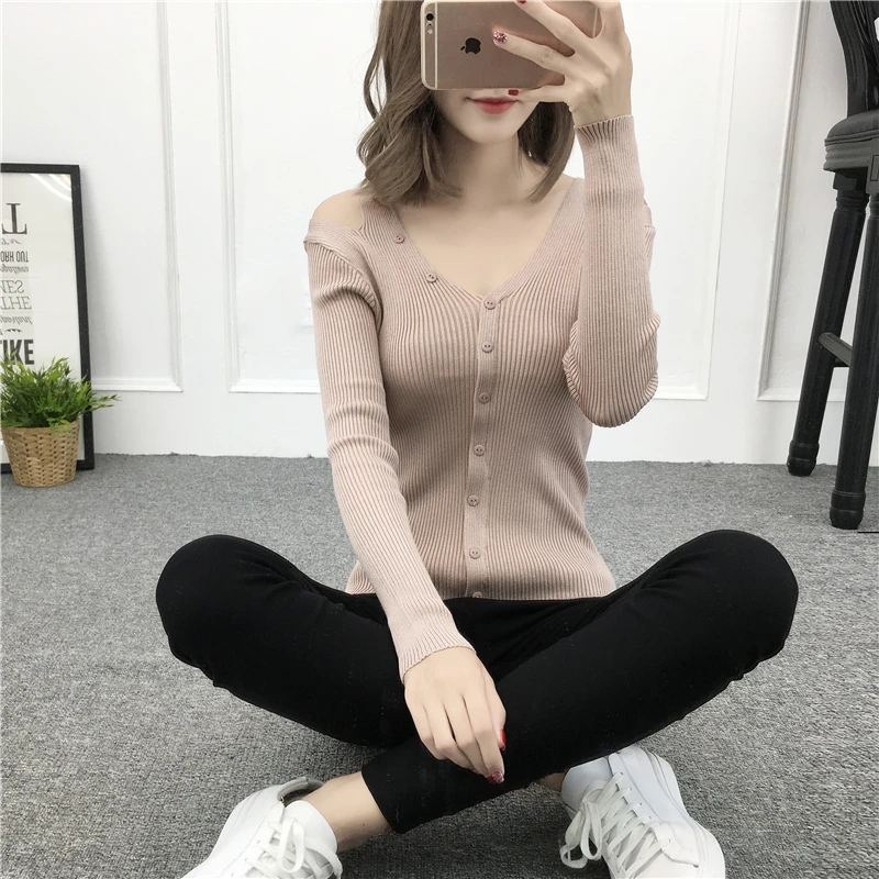 Women Knitted Off Shoulder Long Sleeve Sexy Button Cardigan Sweater