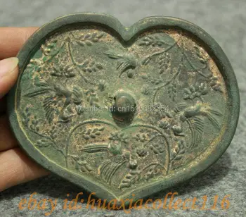 

Old Chinese Bronze Collect Dynasty Palace Bird Flower Statue Heart Shape Mirror