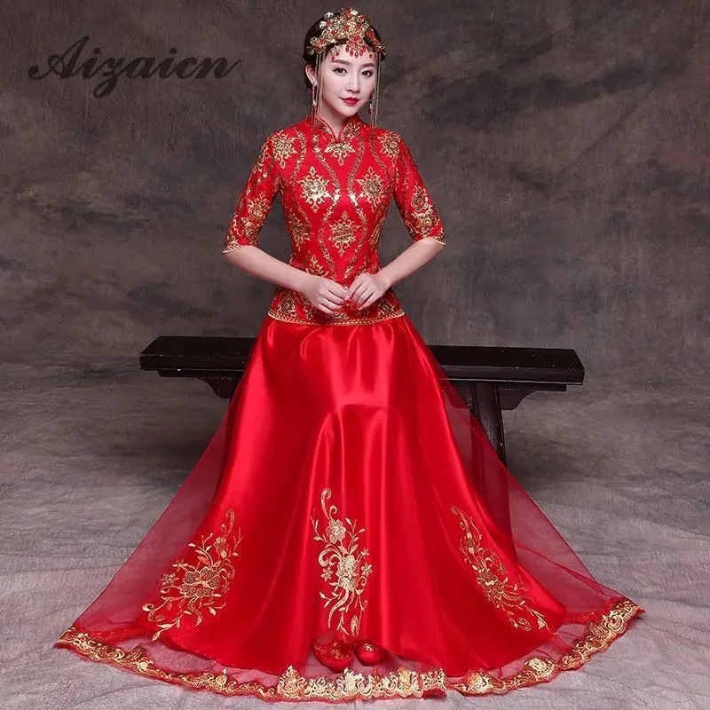 Vestido de boda bordados ordinentales vestidos de novia rojo Cheongsam традиционный Traje de las mujeres Chinoies vestido винтажный