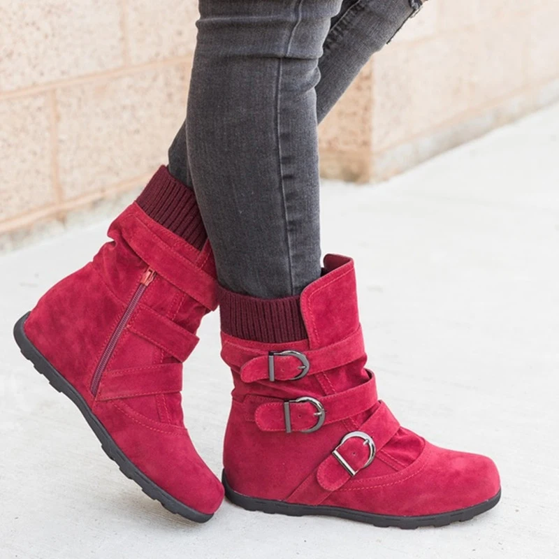 Женские ботинки; теплые зимние ботинки для женщин; ботильоны на плоской подошве с пряжкой; однотонные женские ботинки; 4 цвета; большие размеры 35-43