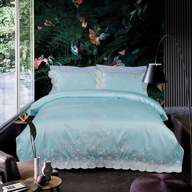 

IvaRose 4-Pieces pink lace Luxury Wedding Bedding Set King Size Queen Solid Color silk satin Bed Set Duvet Cover Bed Sheet