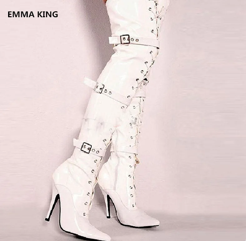 

Woman White Thin High Heels Pointed Toe Stage Sexy Long Boots Shoes