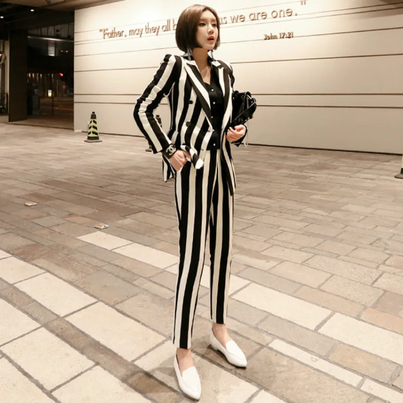 

2019 New Elegant Straight Striped Office Lady Suits Business Suits For Women 2 Two Pieces Set Blazer Jacket & Pants Suit slim