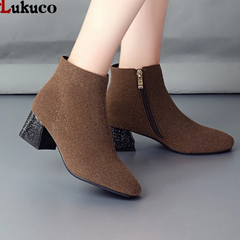 

2019 New Design Women Fashion Boots Autumn Winter Shoes Large Size 34-48 Flock Leather Medium High Heel Ankle Boots Mujer Shoes
