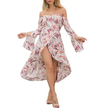 

Fashion Summer Beach Dress Sexy Women Floral Print Off Shoulder Backless Flare Shell High Split Female Midi Dress