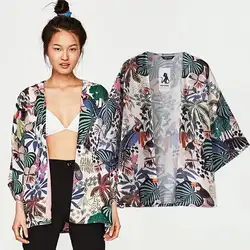 Ретро Печать три четверти рукав женская одежда кимоно блузка