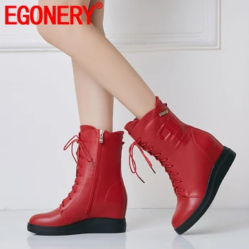 

EGONERY Lace-up motorcycle boots winter cow leather upper Cool woman outdoor combat ankle boots platform high heel shoes 40CN