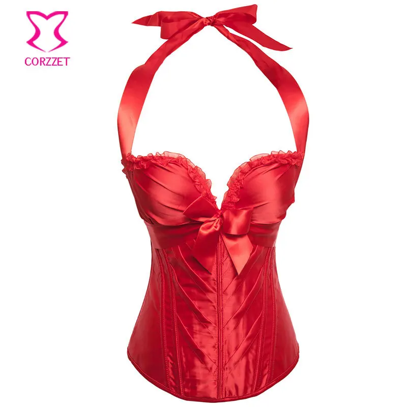 

Burlesque China Red Satin Halter Neck Push Up Corpetes E Corselet Overbust Corset With Cups Sexy Plus Size Korset For Women 6XL