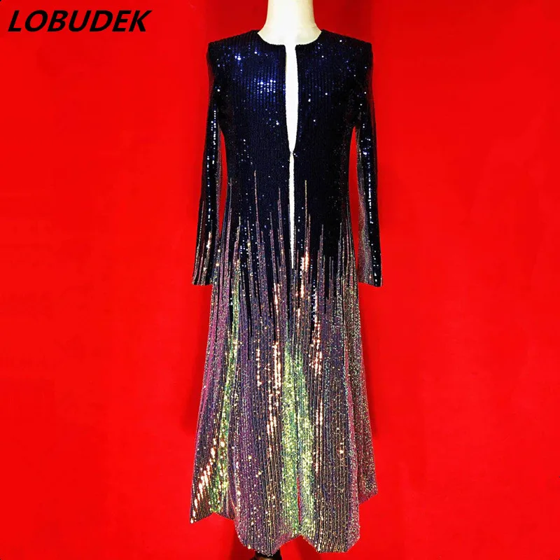 

Colorful Sequins Slim Jacket Long Coat Tide Male Stars Singer Host Performance Stage Wear Bar Fashion Sequin Outerwear Costume