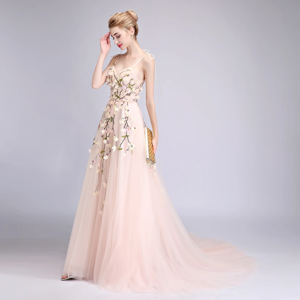 SSYFashion Новое милое вечернее платье светло-розовый v-образным вырезом развертки поезд кружевное платье с цветочным рисунком для выпускного
