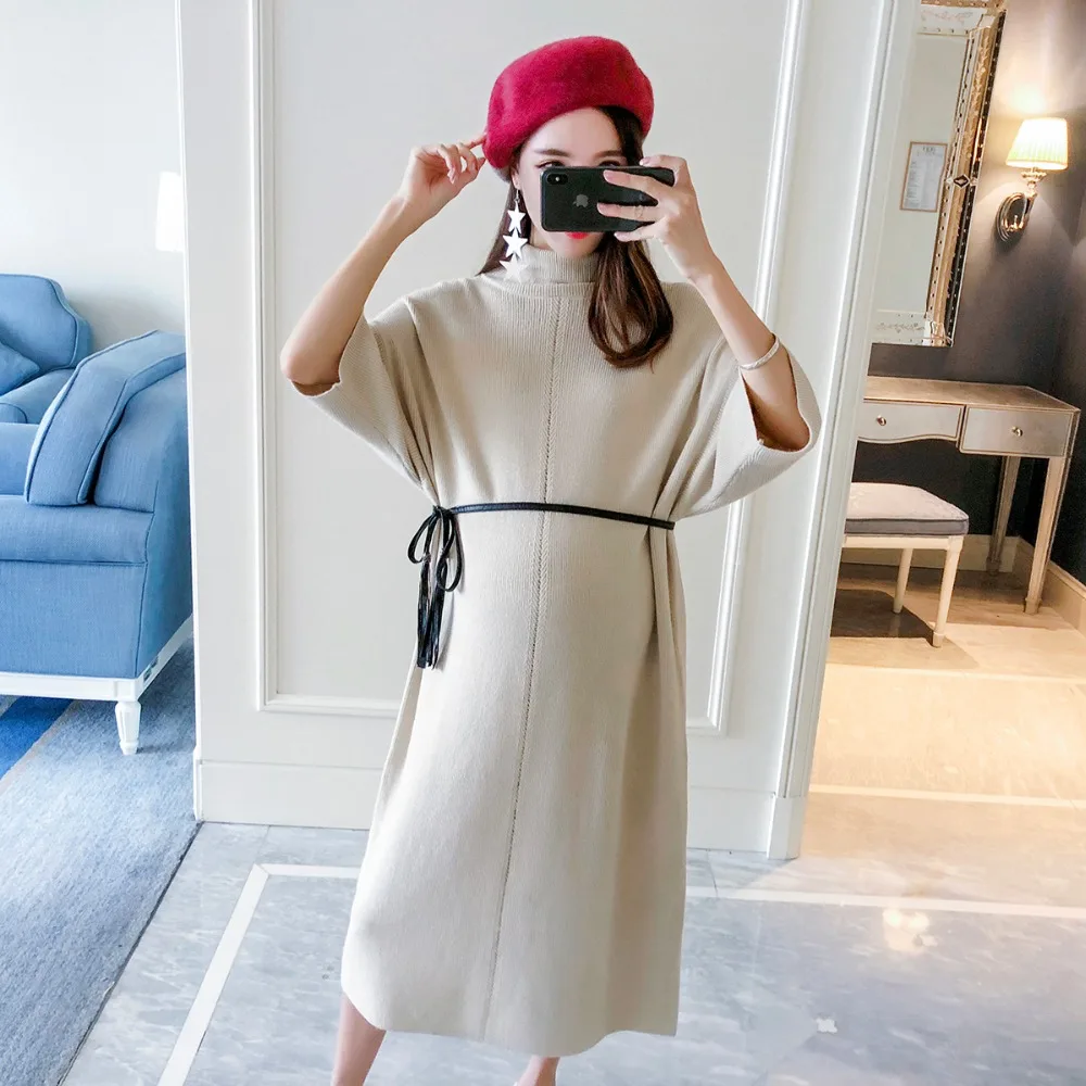 

Pregnant women sweater 2018 new fashion high collar half sleeve knit dress loose long section maternity dress