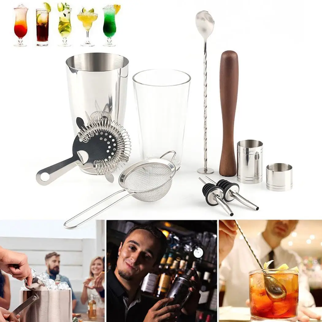 10pcs Stainless Steel Bartending Tool Kit Boston Cocktail Shaker Kit Silver Wine Beer Mixer Drink Kit Party Whisk Bar Tools 10pcs Stainless Steel Bartending Tool Kit Boston Cocktail Shaker Kit Silver Wine Beer Mixer Drink Kit Party Whisk Bar Tools