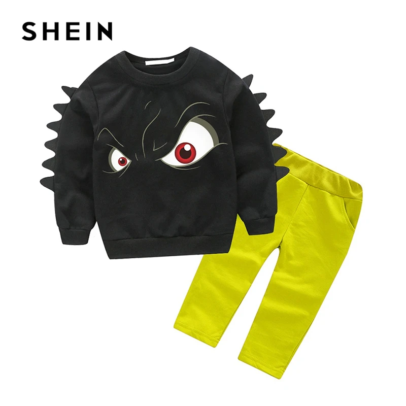 

SHEIN Kiddie Toddler Boys Cartoon Eye Print Sweatshirt With Pants Two Piece Set 2019 Spring Long Sleeve Casual Kids Boys Clothes