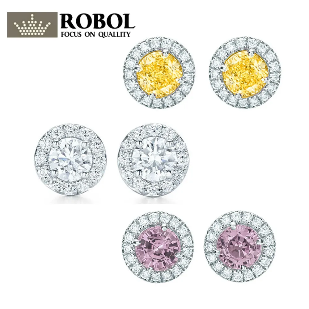 

ROBOL 100% 925 Sterling Silver 1:1 New Genuine Geometric Round Zircon Charm Purple Elegant Earrings Yellow Luxury Earrings
