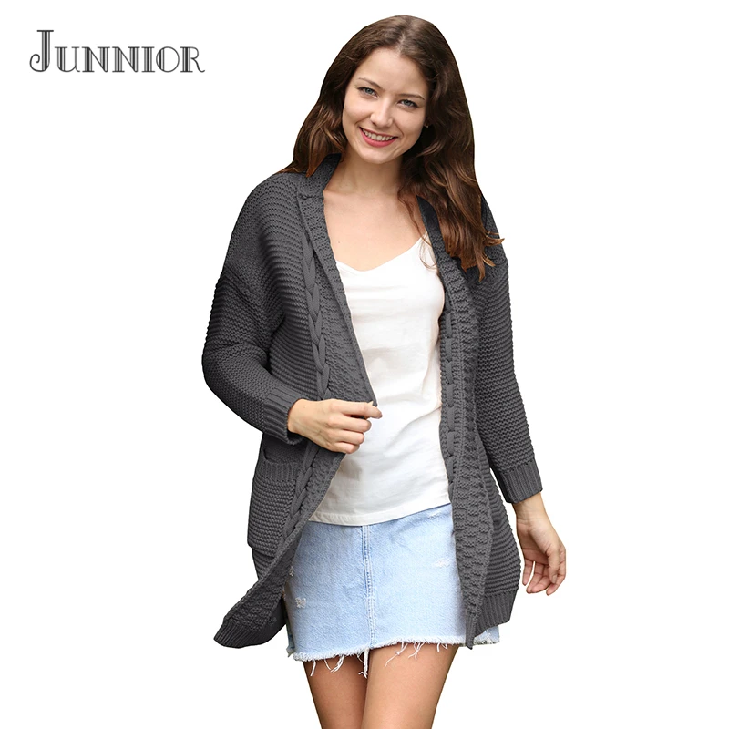 

JUNNIOR 2018 New Arrival Cardigan Women Pockets Patchwork Sweaters Long Sleeve Casual Loose Knitted Sweater
