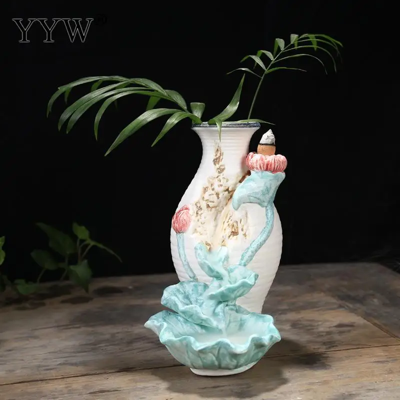 

Flower Lotus Vase Incense Waterfall Retro Buddha Green Backflow Incense Burner Home Crafts Cones Incense Holder Ceramic Censer