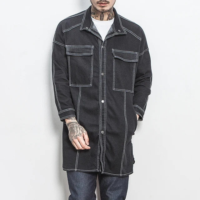 CLASSDIM Men Denim Trench Coats Long Denim Jackets Men Spring Autumn Casual Denim Long Jacket