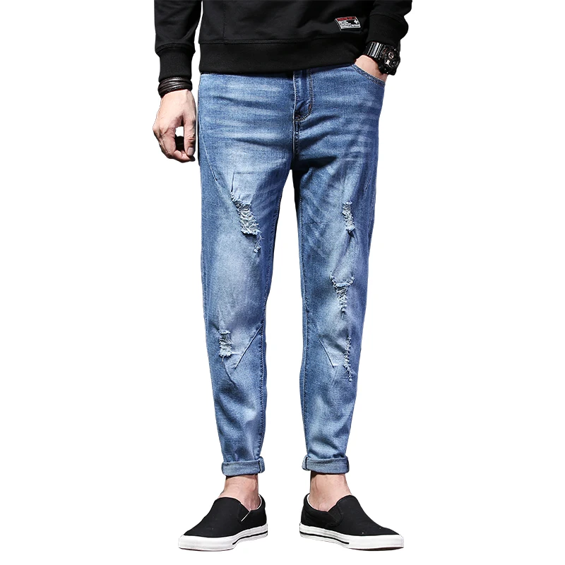 2018 high quality Men's elastic blue jeans men denim Nine pants Slim Regular Straight fit homme Trousers Jean male biker jeans