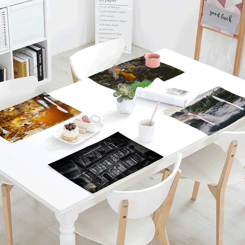 Retro 42x32cm Tablecloth Yellow Maple Leaf Forest House Cup Tea Coffee