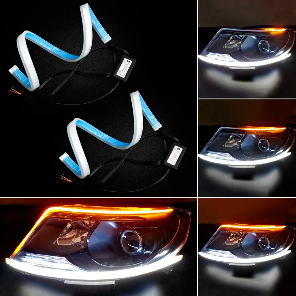 

2pcs Flexible Car DRL Running Turn Signal White Amber LED Flowing Bar Silicone Daytime Running Light Headlight Strip Universal