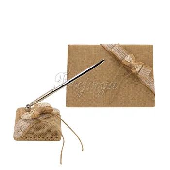 

NEW 2Pcs/set Burlap Hessian Lace Guest Book and Pen& Pen Stand Garter Decoration Wedding Set Bridal Product Supplies 001