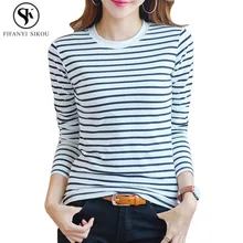 Женская Полосатая футболка с круглым вырезом и длинными рукавами, осень, модные повседневные корейские Топы больших размеров, женская тонкая футболка из чистого хлопка LGP835