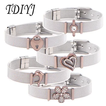 

TDIYJ DIY Jewelry Stainless Steel Keeper Mesh Bracelet with Heart Love Flower Key Silde Charm as Woman Best Bracelet Bangle Gift