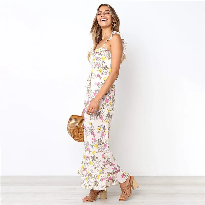 DORVIVON Chiffon Foral Print Jumpsuits Women 2019 Summer Ruffles Backless Sexy Wide Leg Long Pants Jumpsuit Casual Rompers Femme