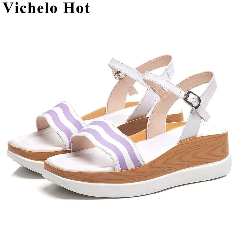 

Vichelo Hot new arrival buckle strap peep square toe women sandals med bottom wedges platform cow leather increased shoes L71