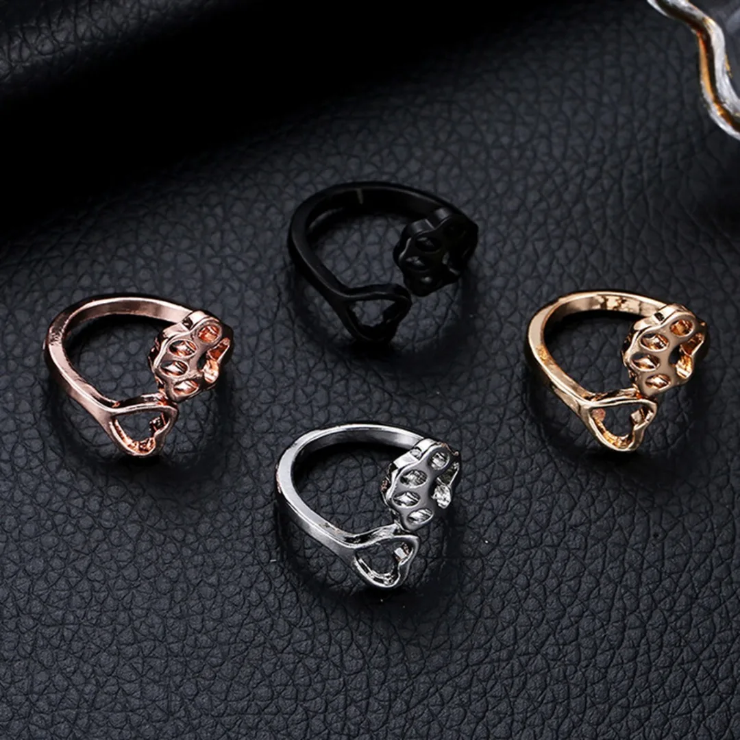 Charming Elegant Women Love Heart Adjustable Rings Fashion Cute Dog Pet Paw Print Beauty Hollow Open Ring Lovely Animal Jewelry