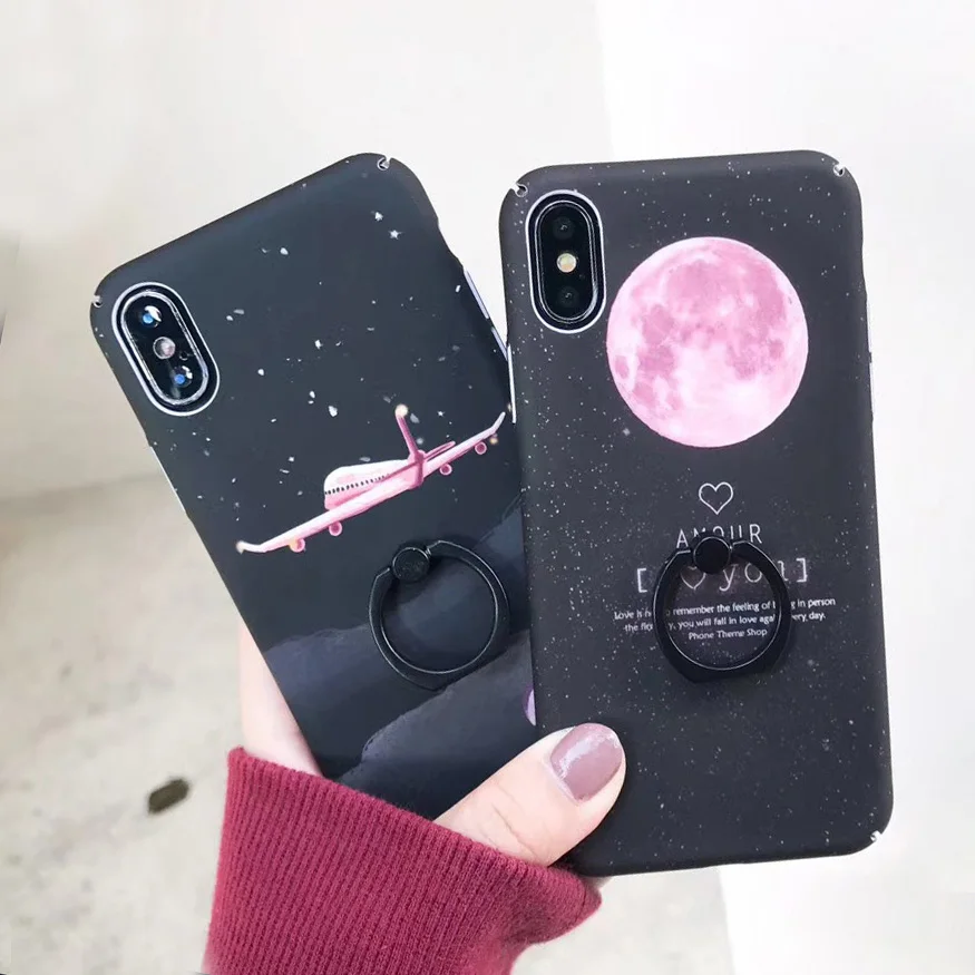 

Hard PC Ring Stand Kickstand Airplane Star Space Planet Case For iPhone X 7 6 6S 8 Plus Matte Cool Phone Cover Capa Cases Coque
