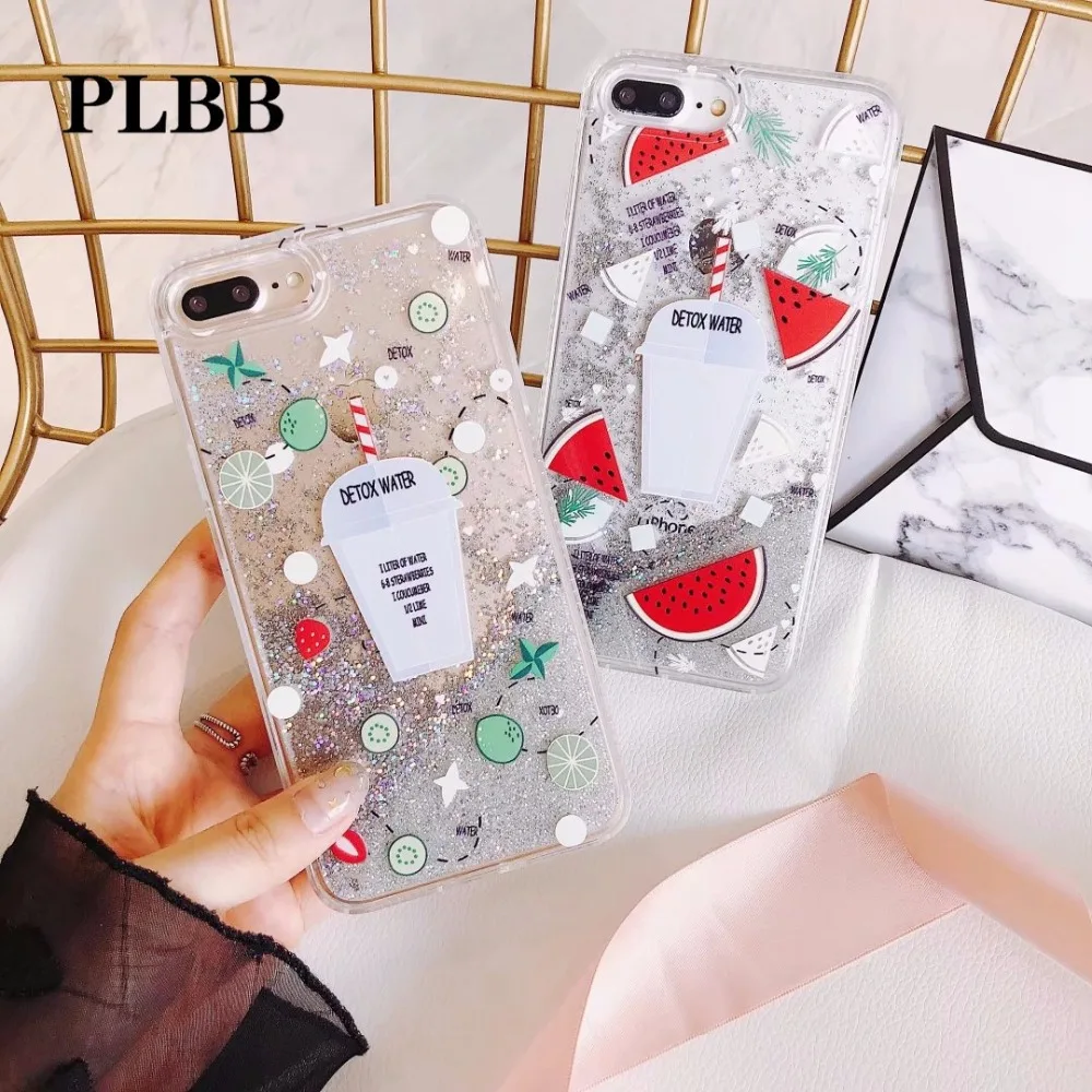 

PLBB Fashion Liquid Quicksand Case For iPhone X 6 6S 7 8 Plus Bling Star Sequin Summer Fruits Watermelon Drinks Soft Phone Cover