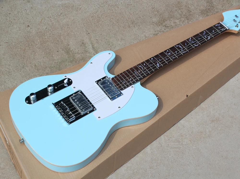 

Factory Sky Blue Left Hand Electric Guitar with Tree of Life Fret Inlay,White Pickguard,Double Binding Body,Can be customized