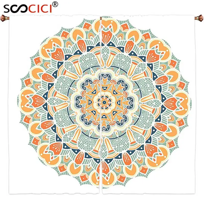 

Window Curtains Treatments 2 Panels,Mandala Ethnic Indian Traditional Pattern Cosmos Symbol Geometric Ornamental Motif Orange