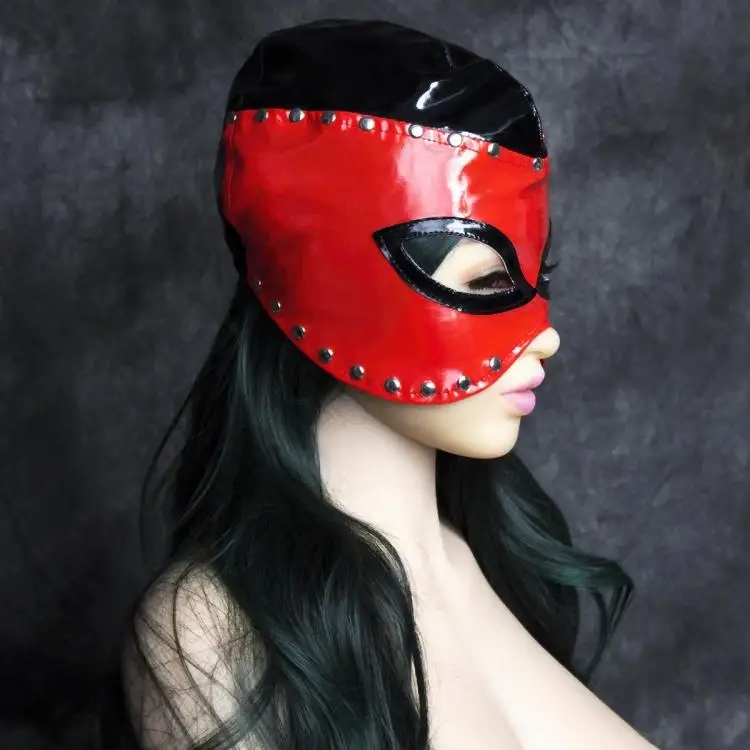 

PVC Leather Wet Look Mistress Hood Devil Mask with Black and Red Lined with Shining Rivets Fetish Halloween Costumes