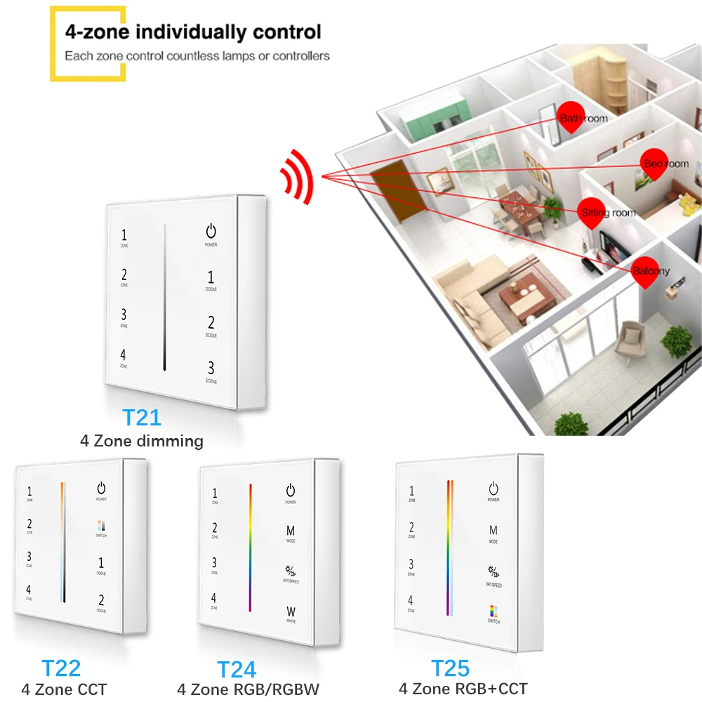 2,4 г T21/T22/T24/T25 4 зоны Smart Touch Панель удаленного светодио дный диммер затемнения/RGB/RGBW/RGB+ CCT Яркость светодио дный контроллер для светодио дный полосы