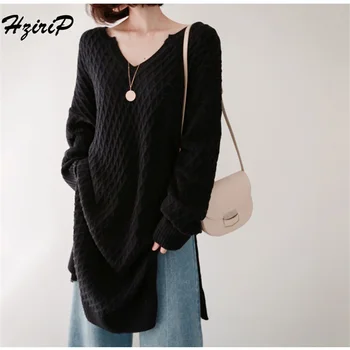 

HziriP Women Spring Autumn Knitted Dresses 2018 Europe Long Sleeve V-Neck Casual Slim Warm Sweater Loose Dress Women's Clothing