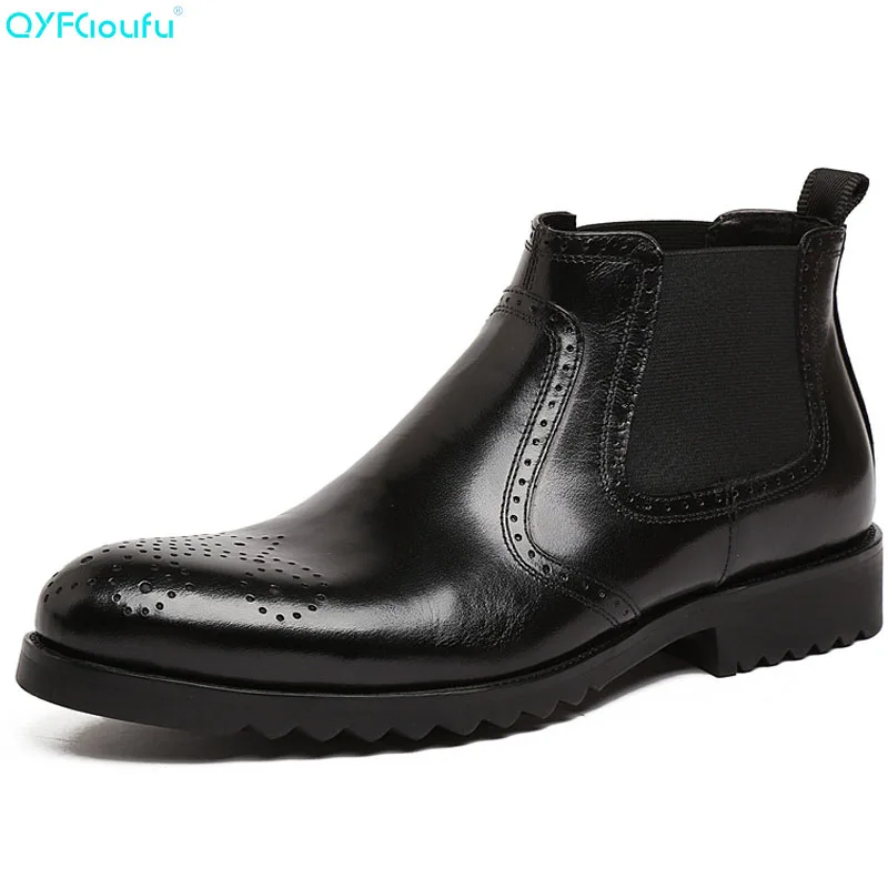 

QIUFU British Formal Brogues Mens Chelsea Boots Elegant Slip-on Men Ankle Boots Genuine Leather Trendy Casual Dress Boots Shoes
