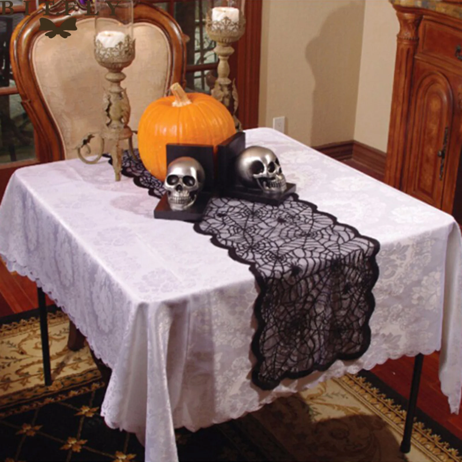 Хэллоуин Настольная дорожка черный паутина подвеска в форме скелета приведения веб-покрытие стола камин Кухня дома фестиваль вечерние