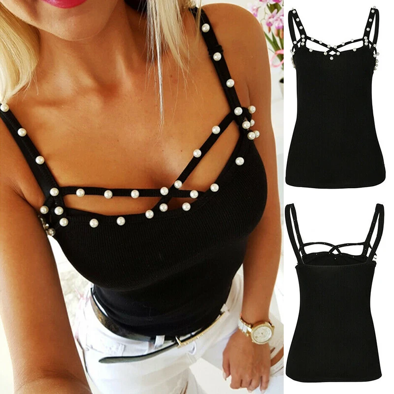 Women Elegant Pearls Beading Shirt Women Strappy Vest Tops 2019 Ladies Summer Casual Tops Blusas Woman Backless Sexy Black Shirt