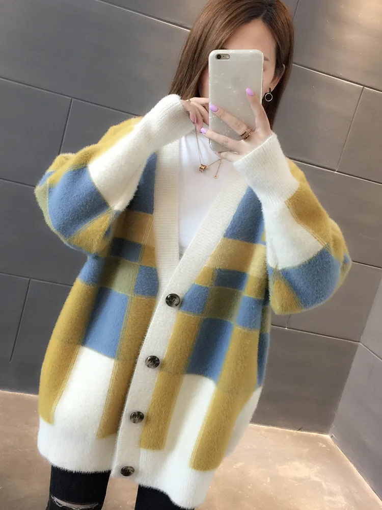 Imitation Mink Wool Sweater Coat Ladies Long Autumn and Winter New Loose Plaid Padded Knit Cardigan Women Sweaters