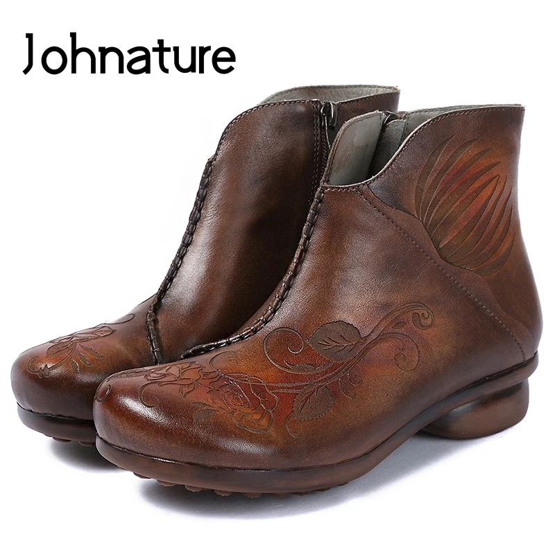 

Johnature 2019 New Autumn/Winter Genuine Leather Floral Round Toe Zipper Sewing Retro Casual Ankle Platform Boots Women Shoes