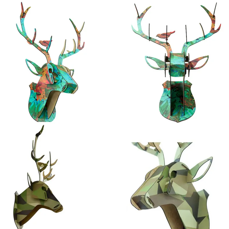 DIY 3D деревянные животные голова оленя художественная модель для дома и офиса Настенный декор держатели для хранения стеллажи аксессуары для украшения дома