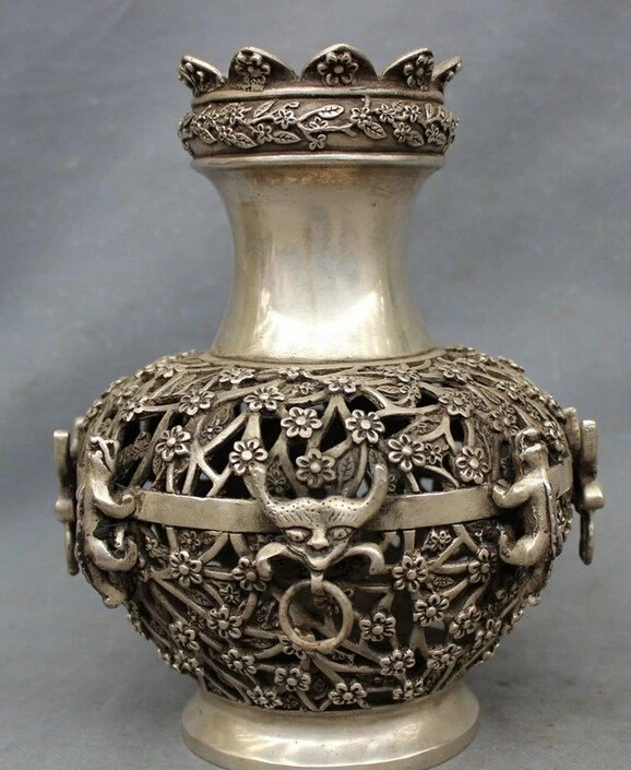 

10" Chinese Folk Silver Buddhism Flower Unicorn Dragon Head Statue Pot Vase